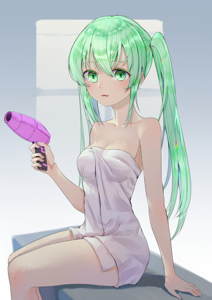 1girl, absurdres, bangs, green_eyes, green_hair, hair_dryer, hatsune_miku, highres