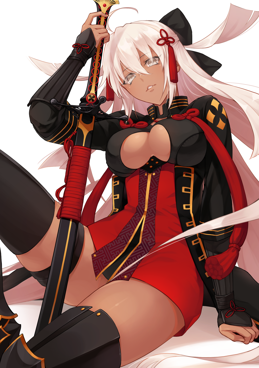 breasts, dark_skin, fate/grand_order, fate_(series), hair_ribbon, highres, katana, large_breasts