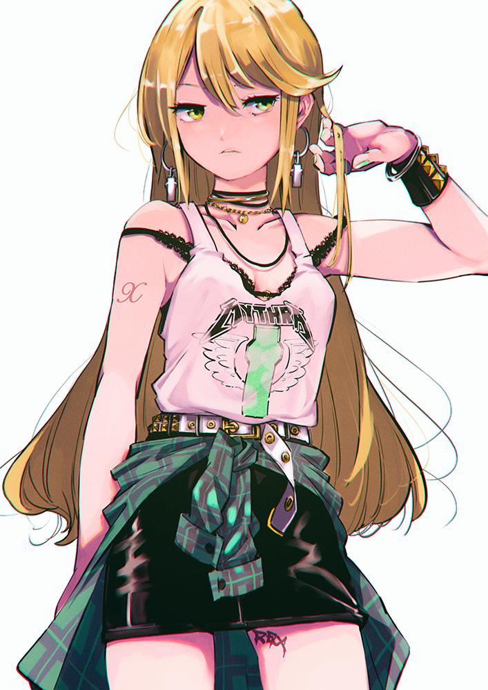 1girl, bangs, belt, black_nails, blonde_hair, boots, bracelet, breasts