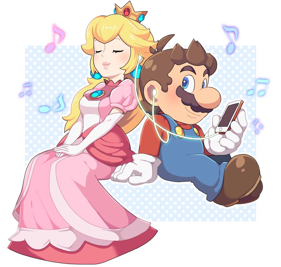 1boy, 1girl, bare_shoulders, blonde_hair, blue_eyes, closed_eyes, crown, dress, earrings, facial_hair, full_body, gloves, hetero, jewelry, long_dress, long_hair, mario, music, mustache, nintendo, omochi_(glassheart_0u0), overalls, pink_dress, princess_peach, simple_background, sitting, smile, super_mario_bros.