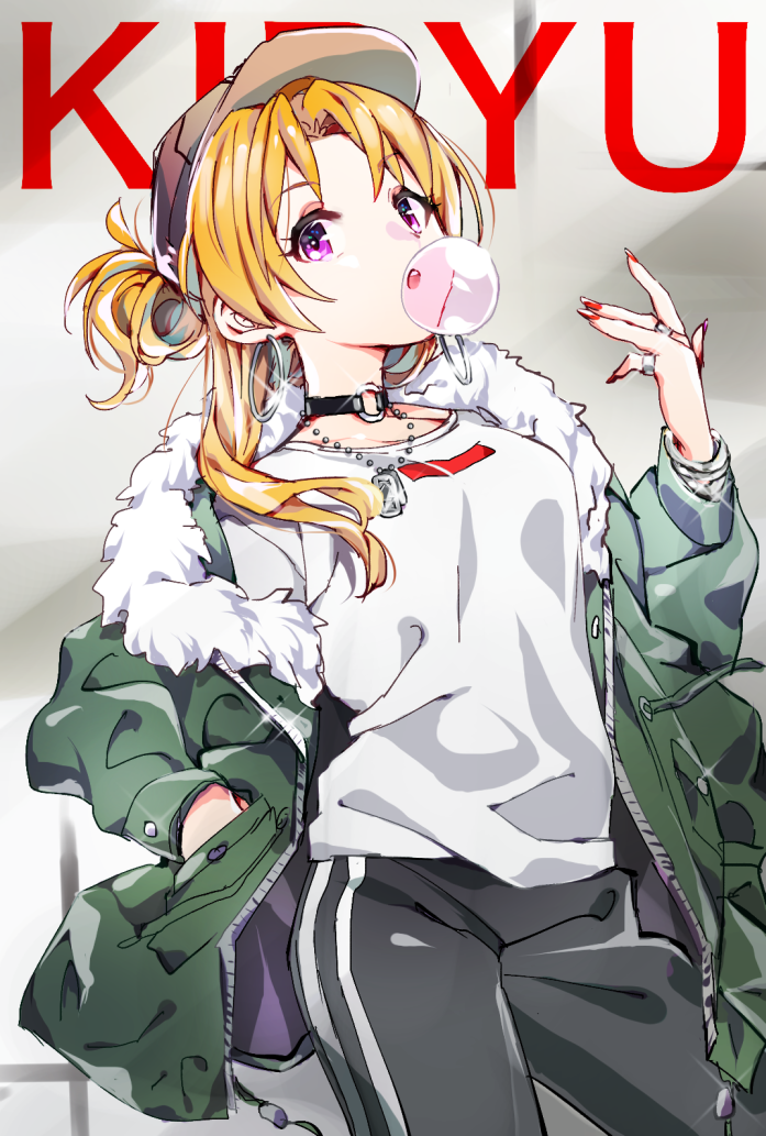 1girl, :o, baseball_cap, black_choker, black_pants, blonde_hair, bracelet, breasts