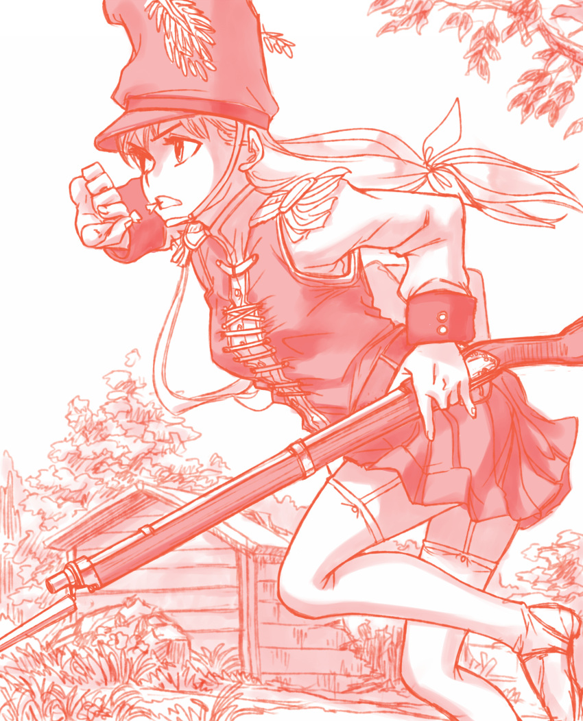 1girl, absurdres, antique_firearm, bayonet, boots, bush, epaulettes, firearm
