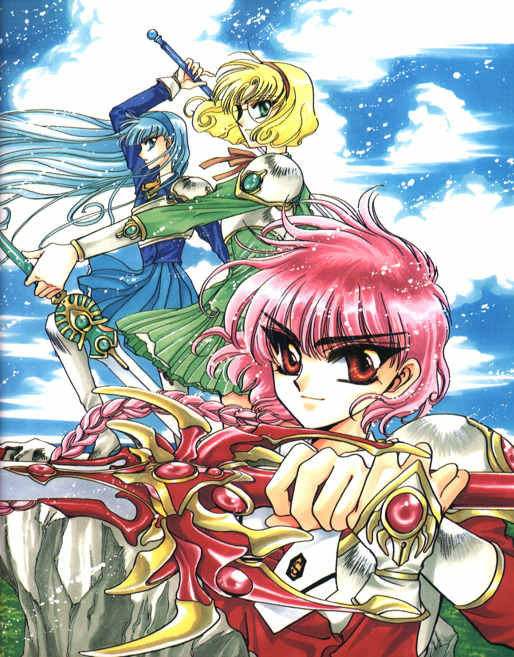 3girls, arm_up, armor, blazer, blonde_eyebrows, blonde_hair, blue_blazer, blue_eyes