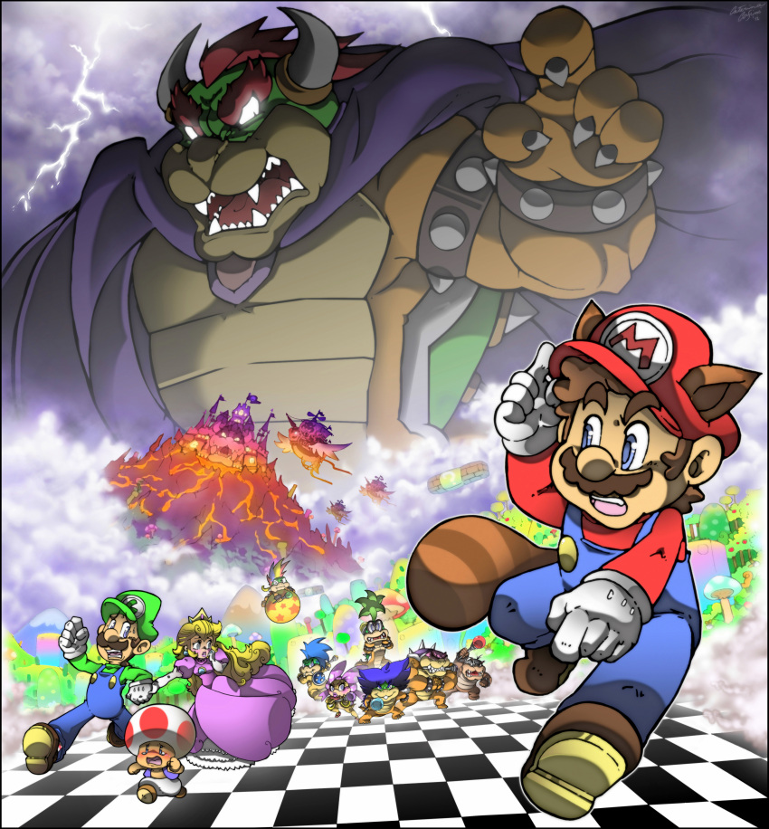 absurdres, aircraft, airship, ball, blonde_hair, blue_eyes, blue_hair, bowser, brown_hair, cape, castle, clouds, crying, fleeing, glowing, glowing_eyes, green_hair, highres, huge_filesize, iggy_koopa, larry_koopa, lemmy_koopa, lightning, ludwig_von_koopa, luigi, mario, super_mario_bros., molten_rock, morton_koopa_jr., mountain, muscle, mushroom, nintendo, princess_peach, raccoon_tail, roy_koopa, spiked_armlet, spiked_shell, super_mario_bros._3, supercaterina, sweatdrop, tail, toad, volcano, wand, wendy_o._koopa