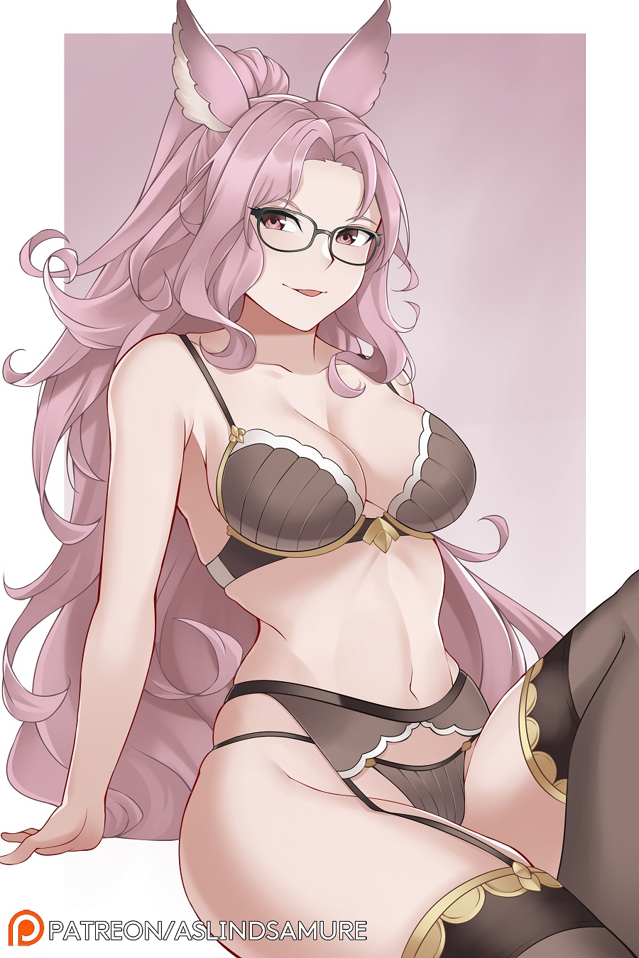 1girl, animal_ears, aslindsamure, bangs, bare_shoulders, border, bra, breasts