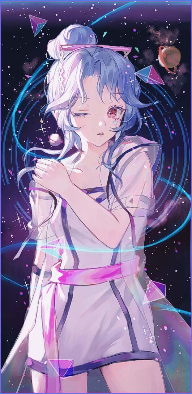 1girl, bangs, blue_hair, cowboy_shot, dress, eyebrows_visible_through_hair, hair_bun, hand_on_own_shoulder