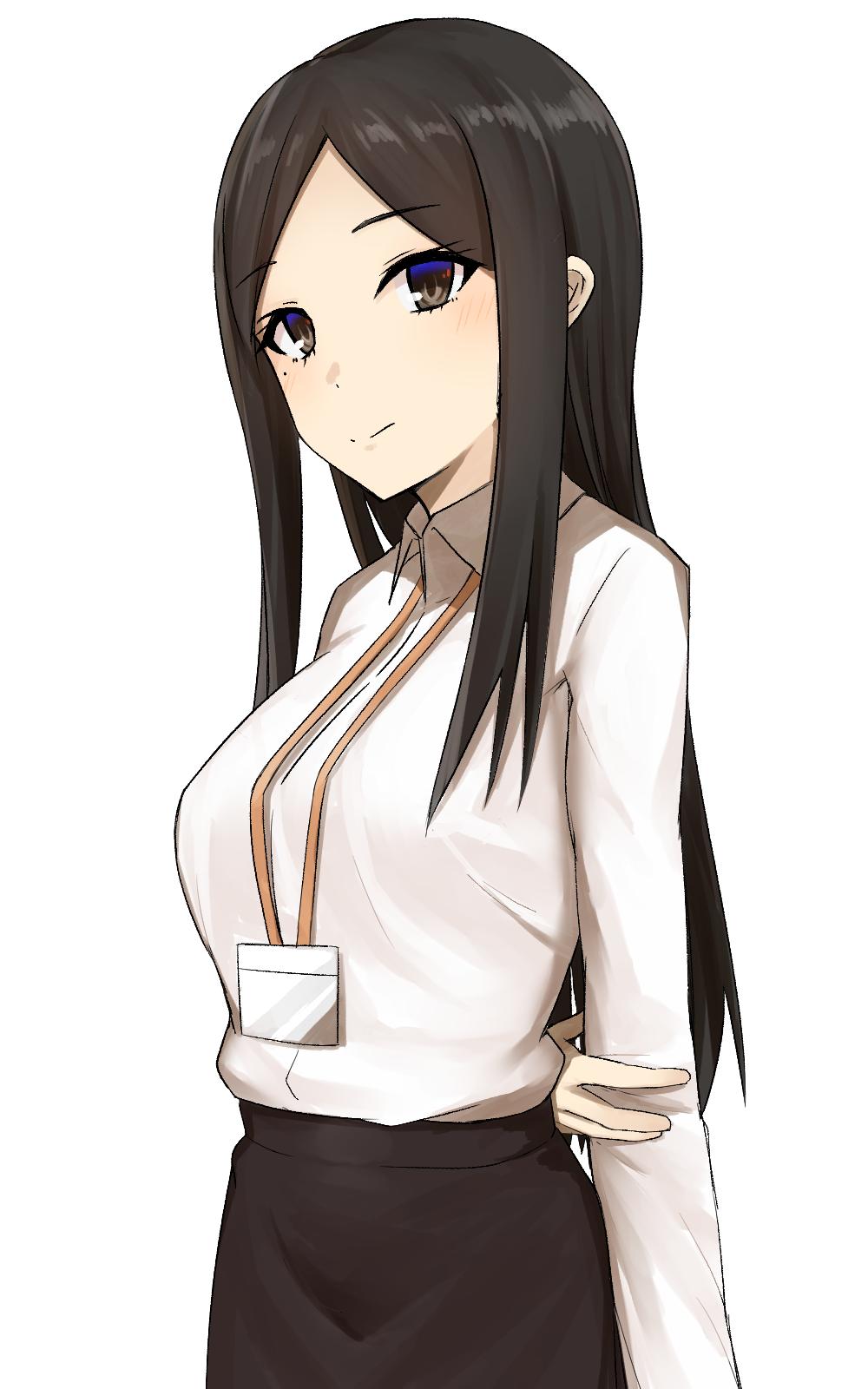 1girl, black_eyes, black_hair, blush, breasts, collared_shirt, commentary_request, elfenlied22, highres, holding_own_arm, lanyard, large_breasts, looking_at_viewer, medium_hair, mole, mole_under_eye, office_lady, pants, sakurai_(shiromanta), senpai_ga_uzai_kouhai_no_hanashi, shirt, sidelocks, solo, white_shirt