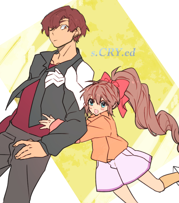 1boy, 1girl, brown_hair, commentary_request, green_eyes, hamagurihime, kazuma_(scryed), long_hair