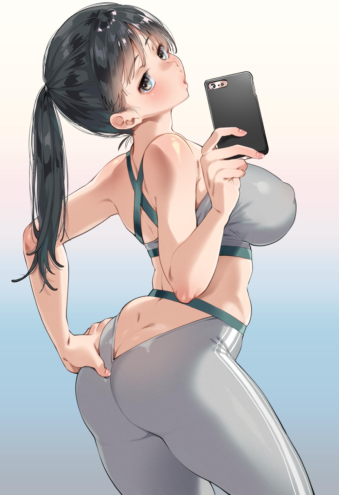 1girl, ass, bangs, bare_arms, bare_shoulders, black_hair, blush, breasts