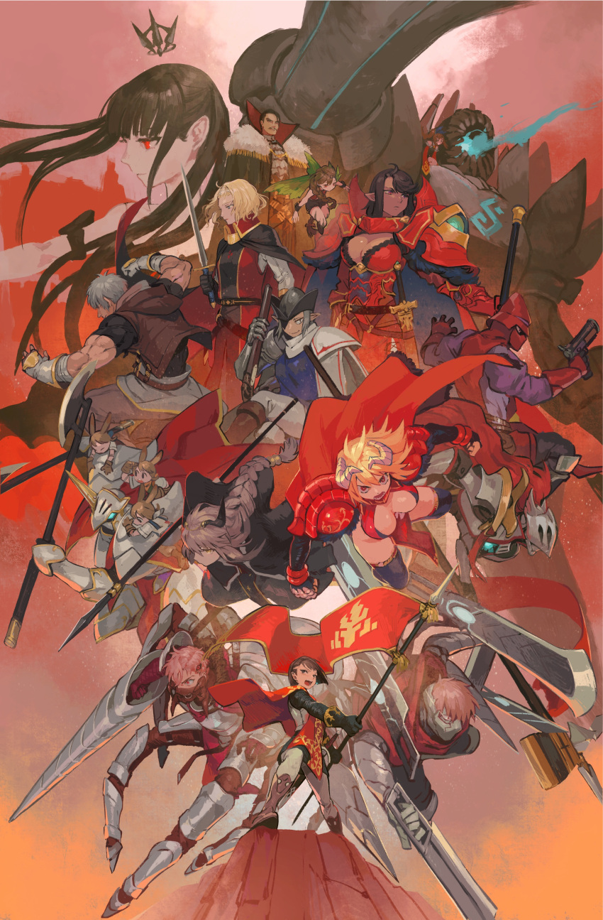 6+boys, 6+girls, :d, absurdres, akaneko_(redakanekocat), axe, belt, blonde_hair, braid, breasts, brown_eyes, brown_hair, cape, cleavage, clenched_hand, dark_skin, dragon_horns, extra_eyes, eyepatch, facial_hair, fairy, flag, fur_trim, greaves, grey_hair, grey_pants, helmet, highres, holding, holding_sword, holding_weapon, horns, isabella_of_the_red_steel, lance, large_breasts, mask, multiple_boys, multiple_girls, muscle, mustache, myufrae, open_mouth, pants, pink_hair, pixiv_fantasia, pixiv_fantasia_last_saga, polearm, red_armor, red_background, red_cape, red_eyes, smile, spear, standing, sword, twintails, weapon