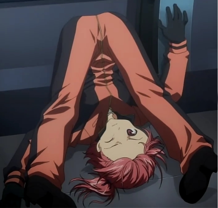 cap, jumpsuit, mikogami_ranko, red_eyes, redhead, sky_girls, stitched, upsidedown