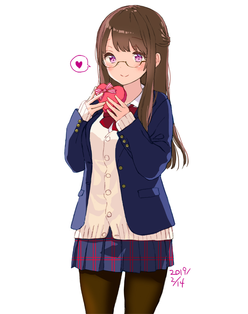 1girl, blazer, blue_jacket, blue_skirt, bow, bowtie, box, brown_hair