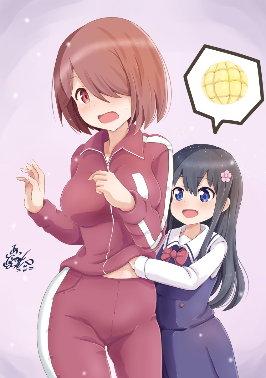 2girls, absurdres, black_hair, blue_eyes, blush, bread, brown_hair, dragonoil
