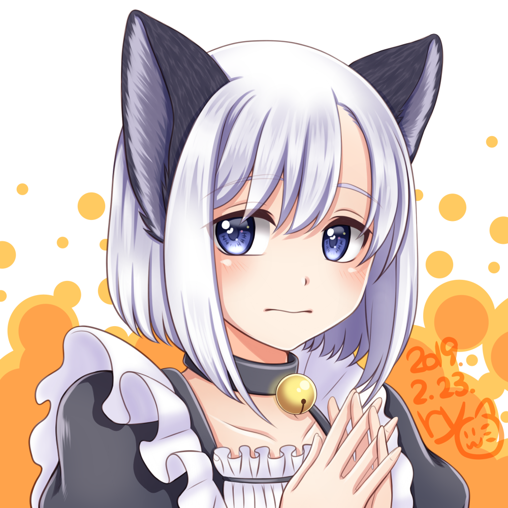 1girl, animal_ears, arms_up, bangs, bell, blue_eyes, blush, cat_ears