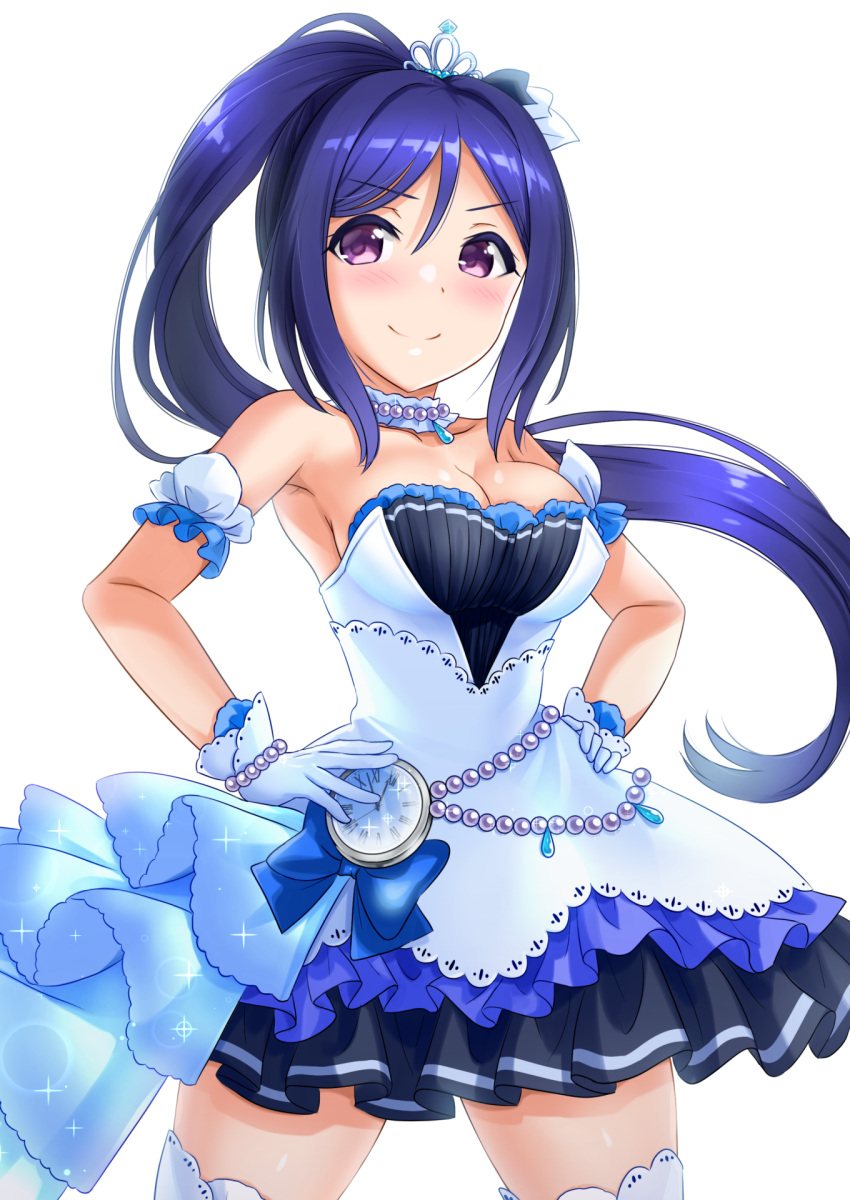 1girl, alternate_costume, armpits, bangs, bead_bracelet, beads, big_breasts, blue_bow, blue_hair, bow, bracelet, breasts, choker, cleavage, clock, cosplay, crown, detached_sleeves, dress, eyebrows_visible_through_hair, frill_trim, frilled_skirt, frills, gloves, half_gloves, hand_on_hip, high_ponytail, highres, idolmaster, idolmaster_cinderella_girls, jewelry, kibihimi, long_hair, looking_at_viewer, love_live!, love_live!_sunshine!!, matsuura_kanan, ponytail, simple_background, skirt, solo, starry_sky_bright, thigh-highs, violet_eyes, white_background