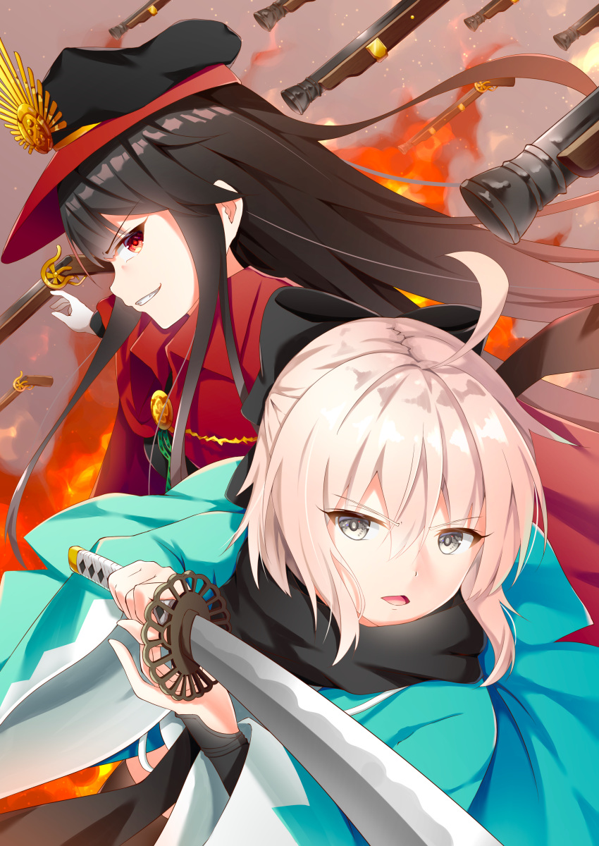 2girls, absurdres, ahoge, antique_firearm, arm_up, arquebus, black_hair, black_headwear