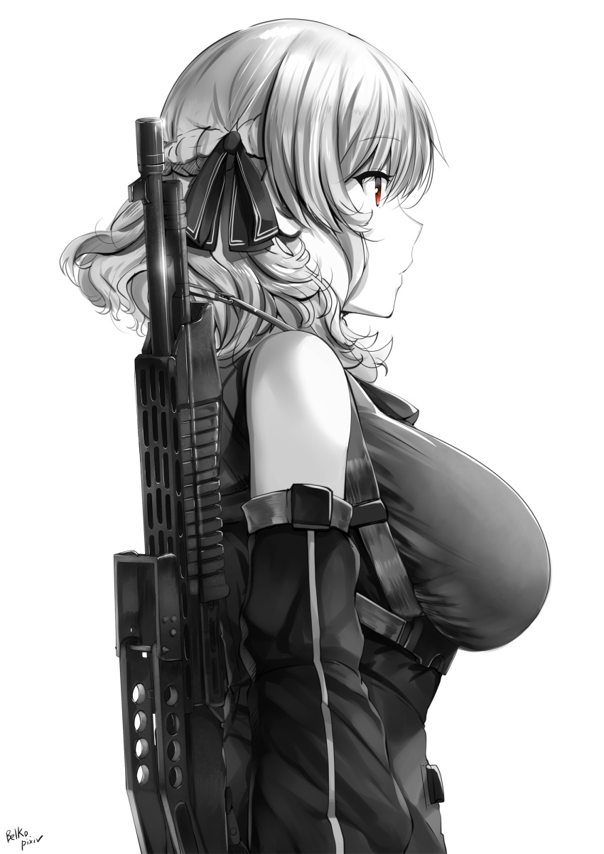 1girl, bangs, bare_shoulders, black_ribbon, breasts, detached_sleeves, eyebrows_visible_through_hair, from_side