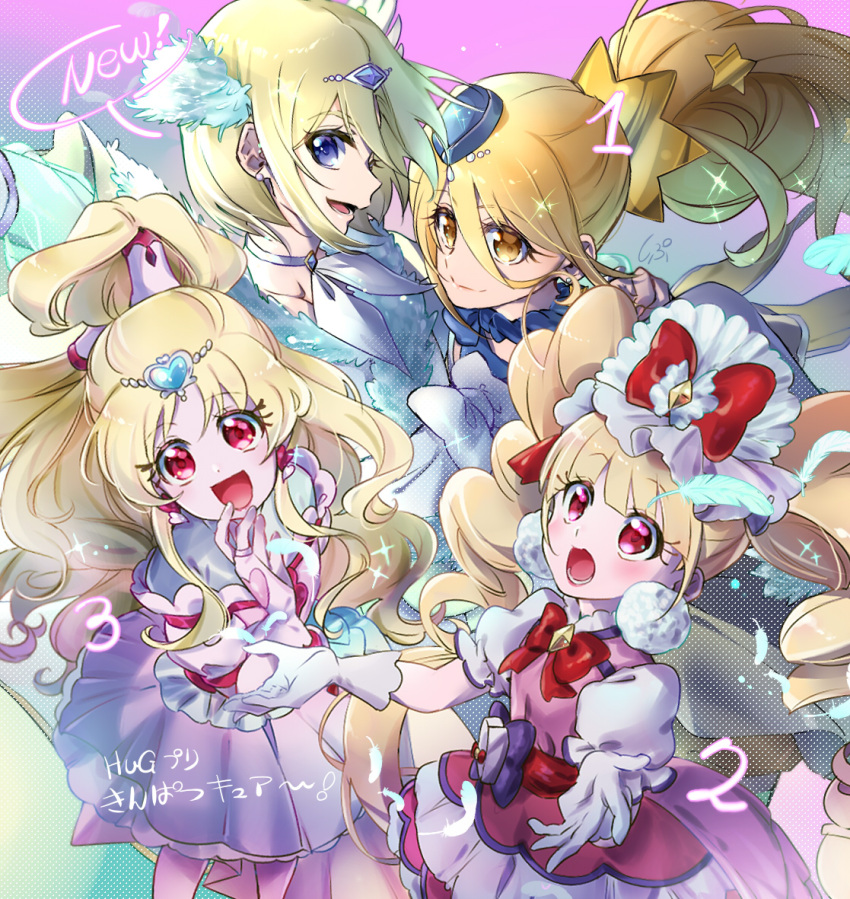 1boy, 3girls, :d, :o, aisaki_emiru, androgynous, bangs, blonde_hair