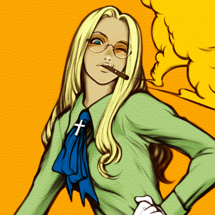 1girl, aqua_eyes, blonde_hair, blue_bow, blue_neckwear, bow, cigarette, cross