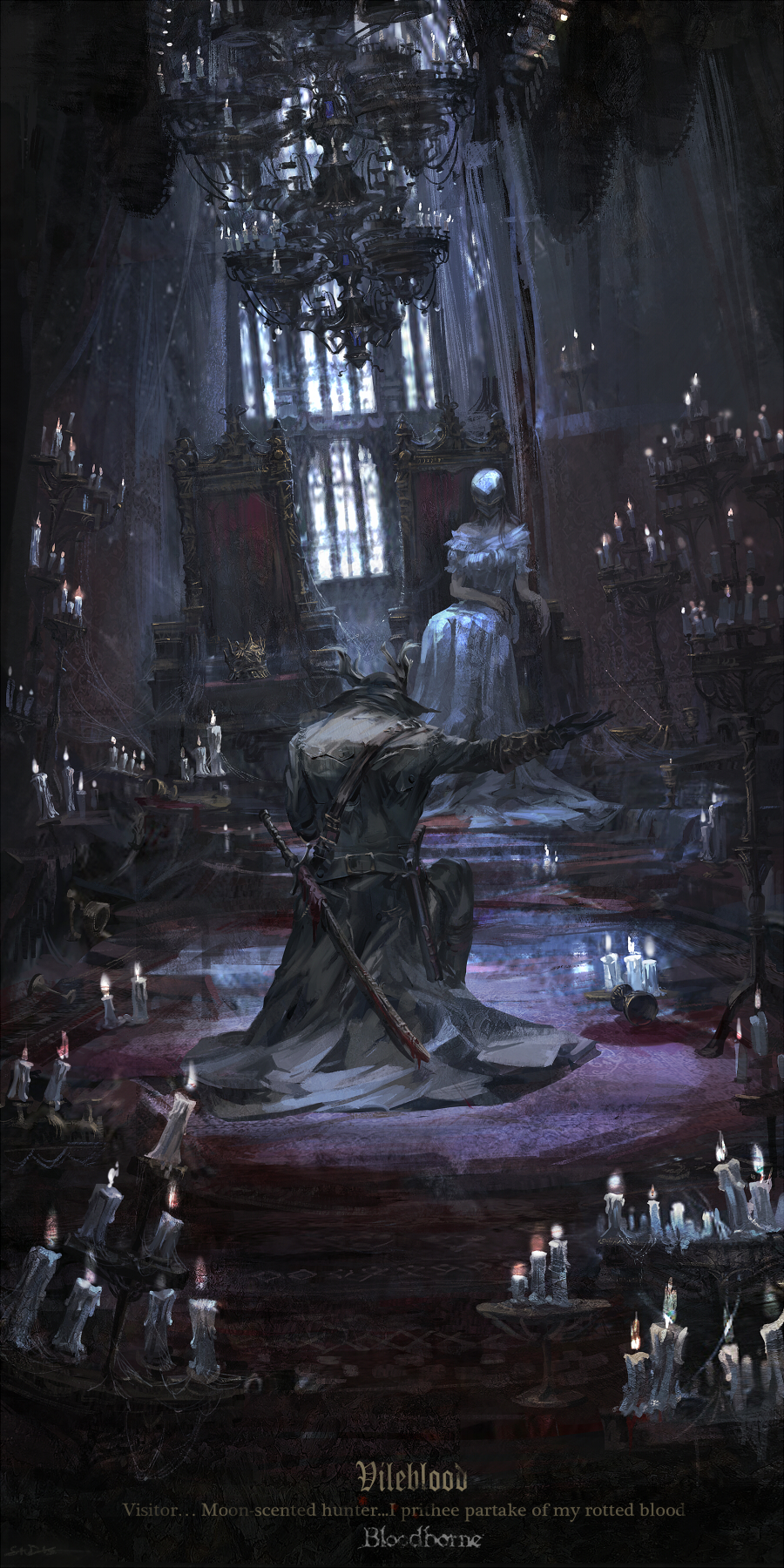 1boy, 1girl, bare_shoulders, black_gloves, blood, bloodborne, bloody_weapon, brown_hair