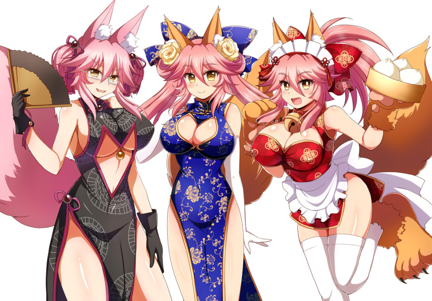 3girls, afuro, animal_ear_fluff, animal_ears, bare_shoulders, bell, bell_collar, breasts