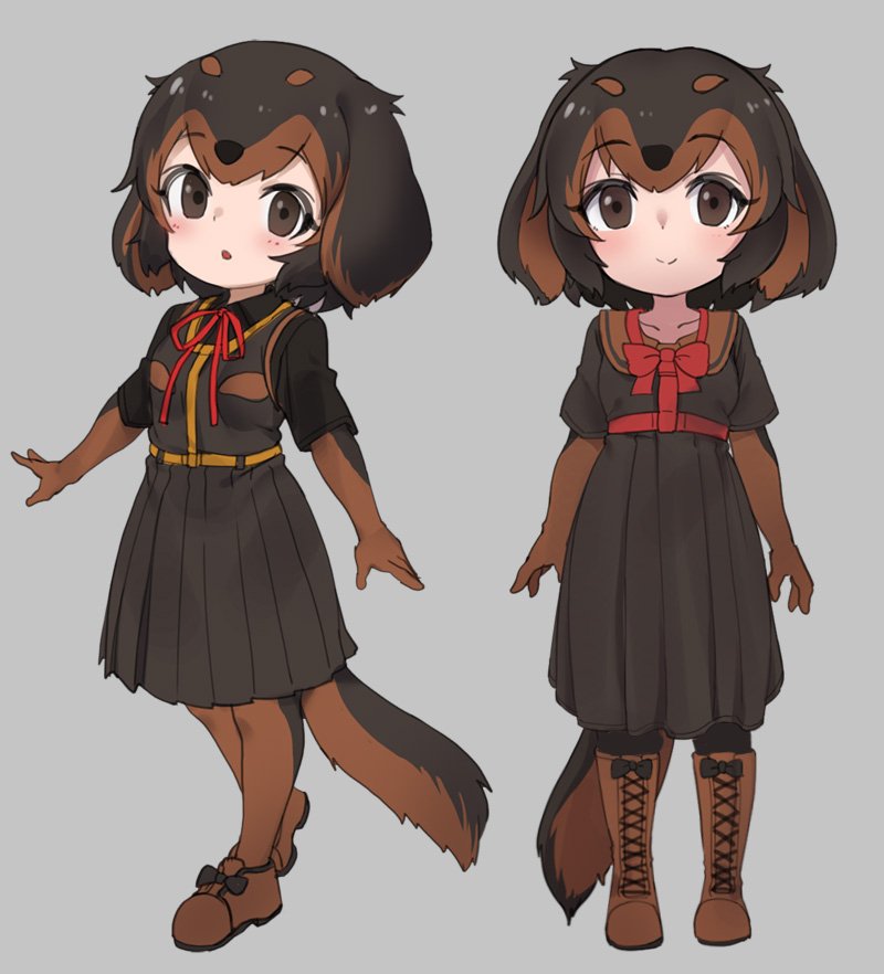 1girl, animal_ears, black_bow, black_gloves, black_hair, boots, bow, brown_eyes