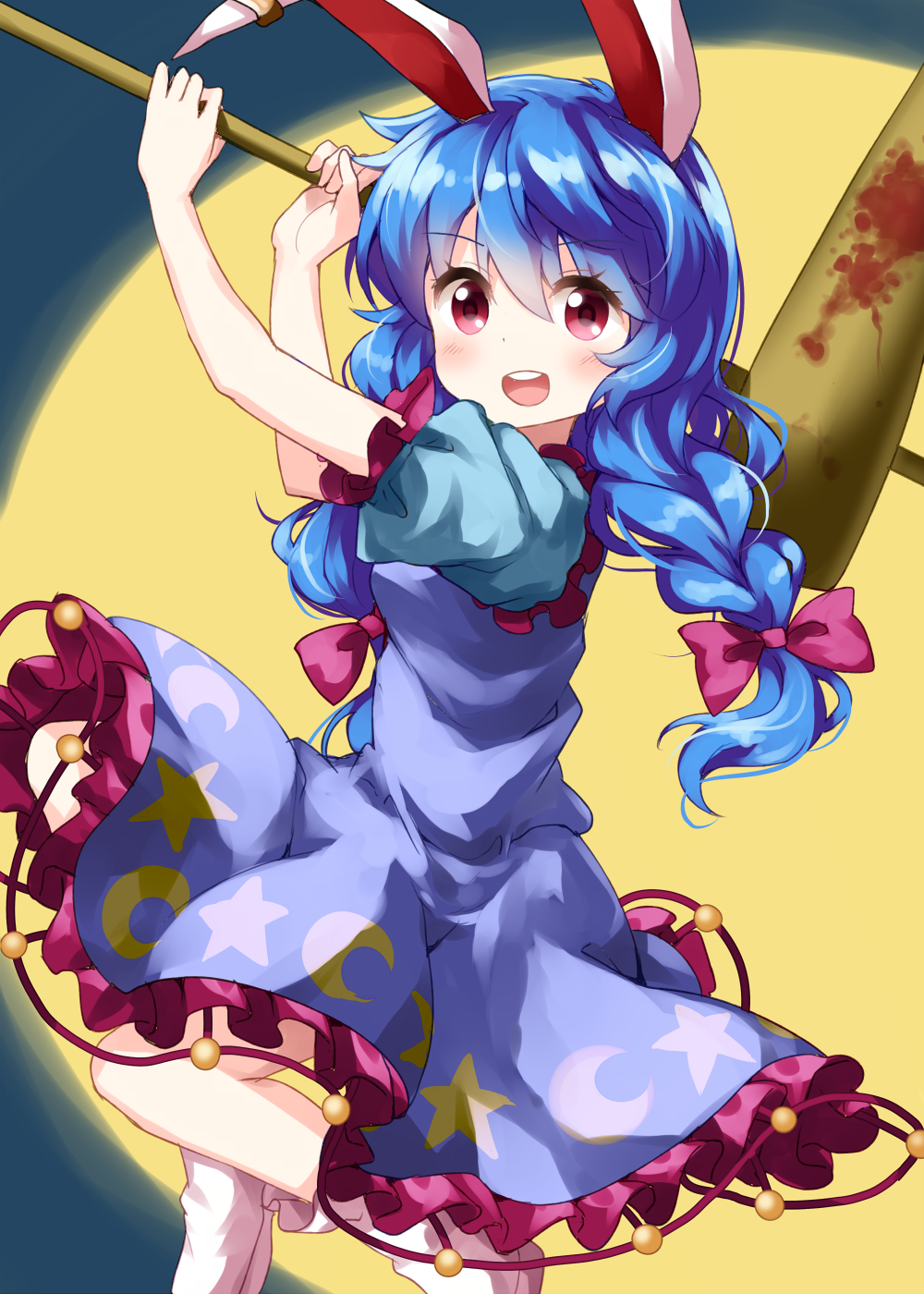 1girl, :d, animal_ears, bangs, blue_hair, bow, braid, crescent_moon_print