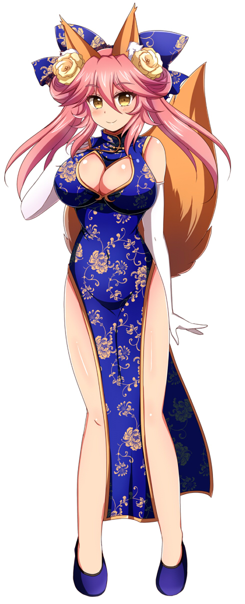 1girl, afuro, animal_ear_fluff, animal_ears, bare_shoulders, blush, breasts, china_dress