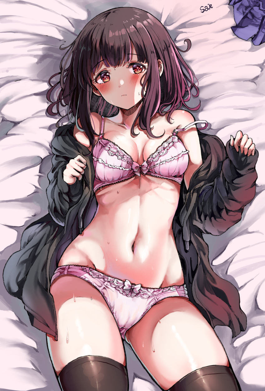 1girl, absurdres, bangs, bed_sheet, blush, borrowed_character, bra, breasts