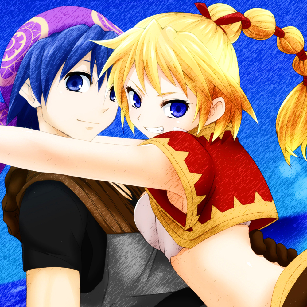 1boy, 1girl, anniversary, bandage, bandanna, belt, blonde_hair, blue_eyes