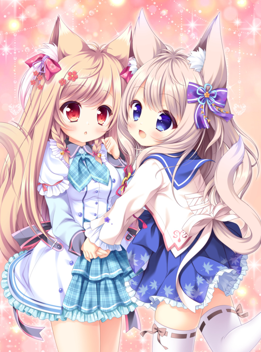2girls, :d, animal_ear_fluff, animal_ears, bangs, bell, blue_eyes, blue_neckwear