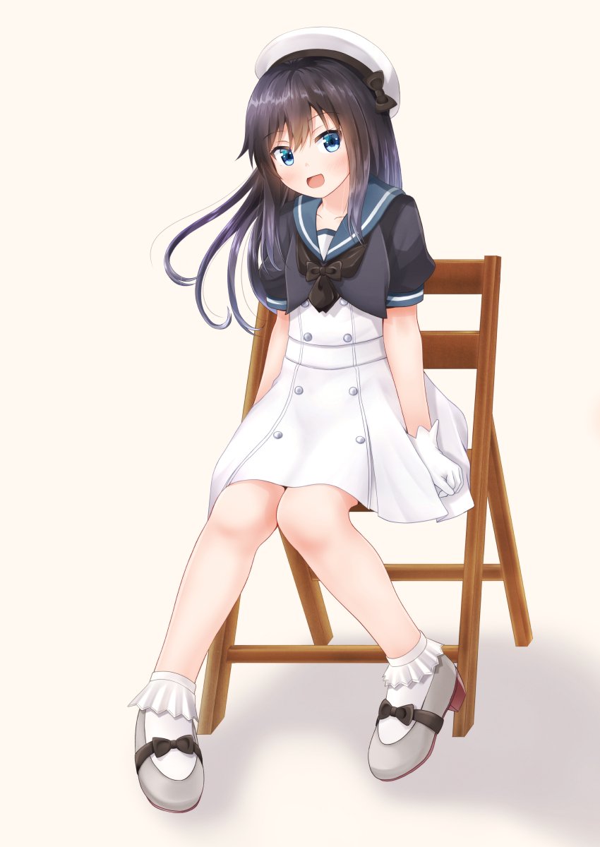 1girl, alternate_costume, asashio_(kantai_collection), black_hair, blue_eyes, blue_sailor_collar, bobby_socks, chair