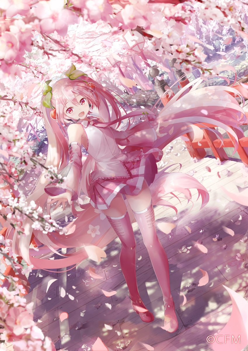 1girl, aomori_prefecture, bangs, boots, castle, cherry, cherry_blossoms, collared_shirt