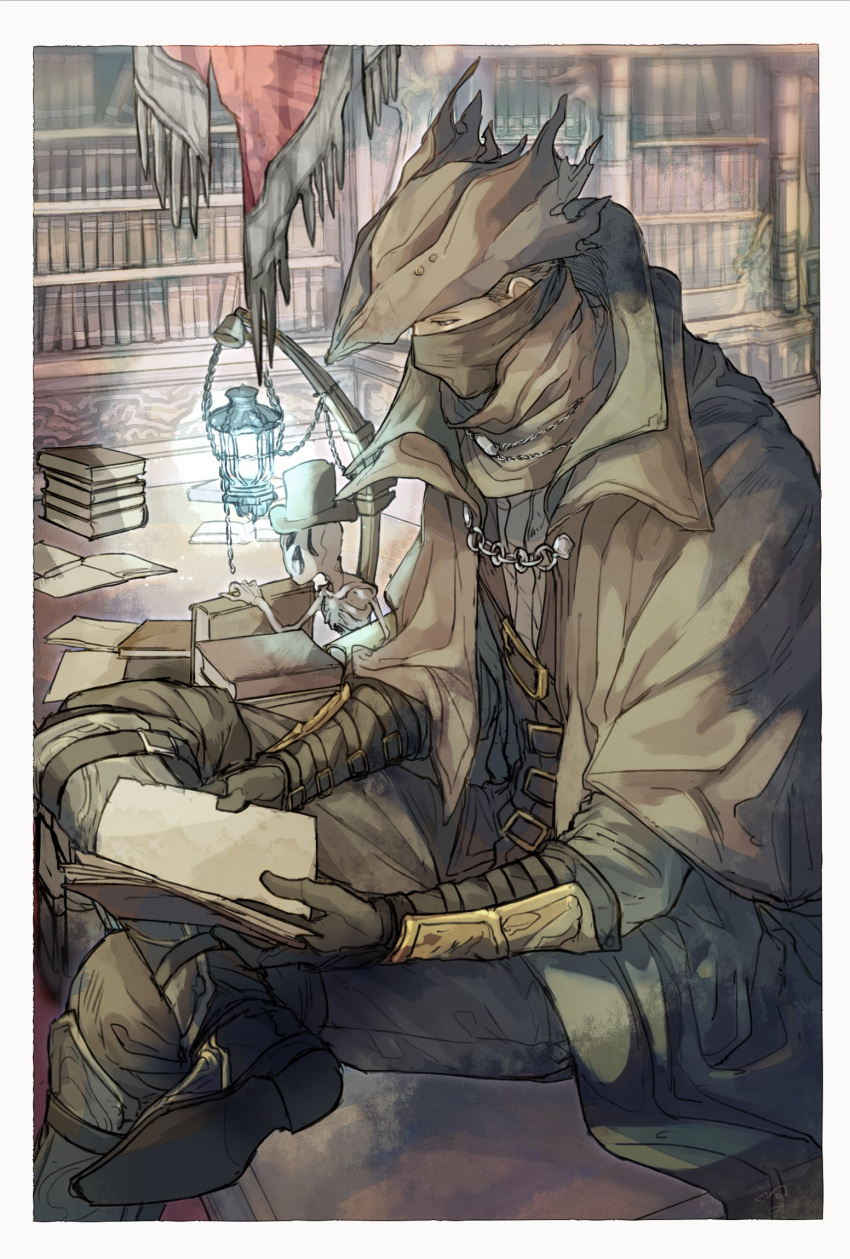 1boy, blood, bloodborne, book, boots, cloak, gloves, gun