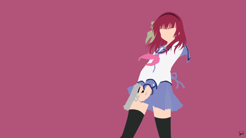 1girl, angel_beats!, bangs, black_legwear, blue_skirt, bow, commentary, english_commentary, greenmapple17, gun, hair_bow, hairband, handgun, headband, highres, holding, holding_gun, holding_weapon, key_(company), long_sleeves, minimalism, no_eyes, pink_ribbon, pistol, purple_background, purple_hair, ribbon, school_uniform, serafuku, shinda_sekai_sensen_uniform, shirt, short_hair, signature, simple_background, skirt, solo, standing, thigh-highs, trigger_discipline, upper_body, vector_trace, violet_eyes, wallpaper, watermark, weapon, white_shirt, yuri_(angel_beats!)