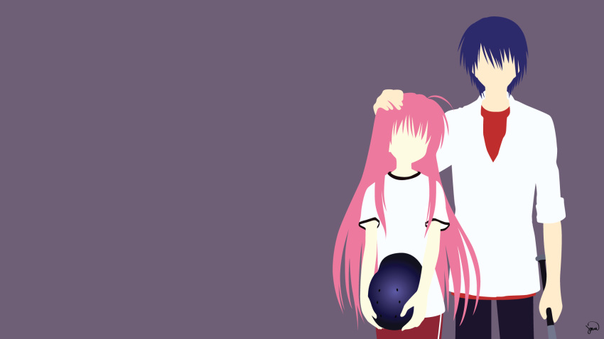 1boy, 1girl, angel_beats!, artist_name, bangs, baseball, baseball_bat, baseball_cap