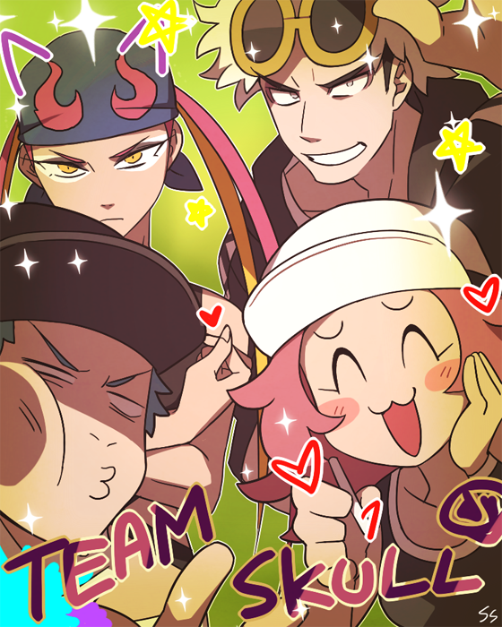 2boys, 2girls, blue_hair, creatures_(company), game_freak, guzma_(pokemon), multiple_boys, multiple_girls