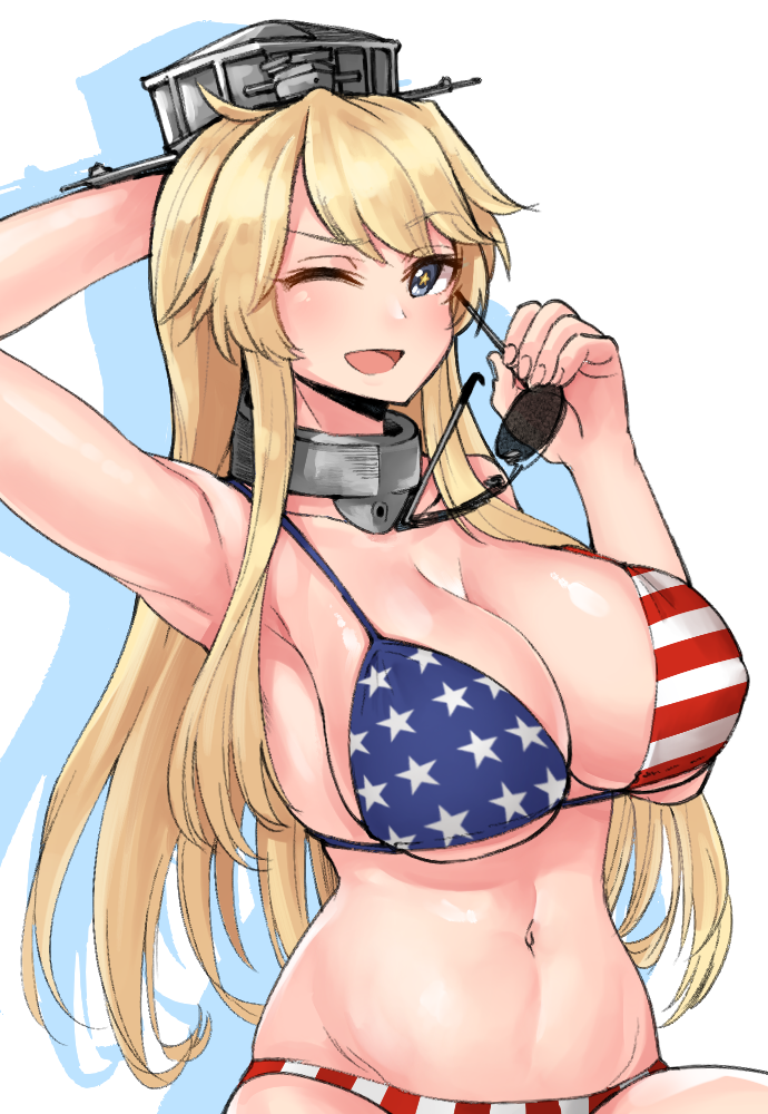abs, american_flag_bikini, bikini, blonde_hair, blue_eyes, breasts, cleavage, collar