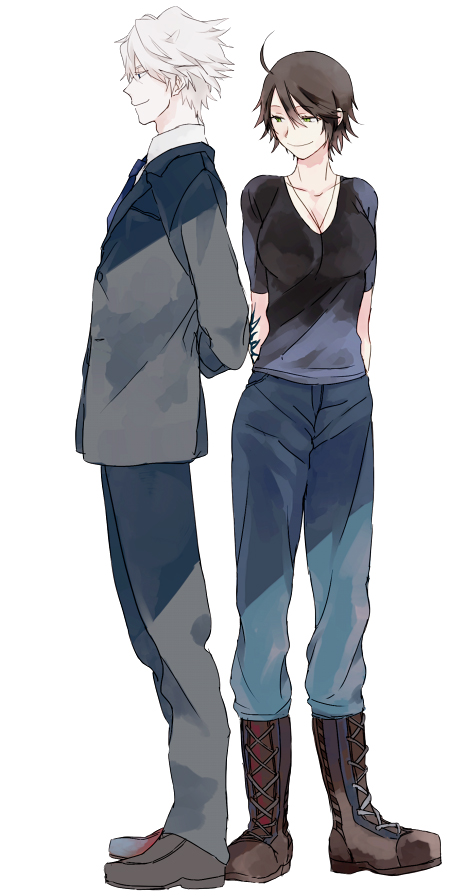1boy, 1girl, ahoge, blue_eyes, boots, breasts, brown_hair, chequita