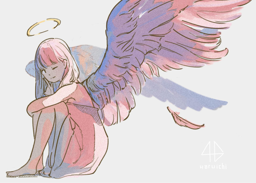 1girl, angel, angel_wings, artist_name, bangs, barefoot, feathered_wings, feathers, grey_background, halo, highres, index_finger_raised, knees_up, long_hair, looking_at_viewer, one_eye_closed, original, pink_feathers, pink_hair, pink_wings, simple_background, sitting, smile, srimerimer718, white_background, wings