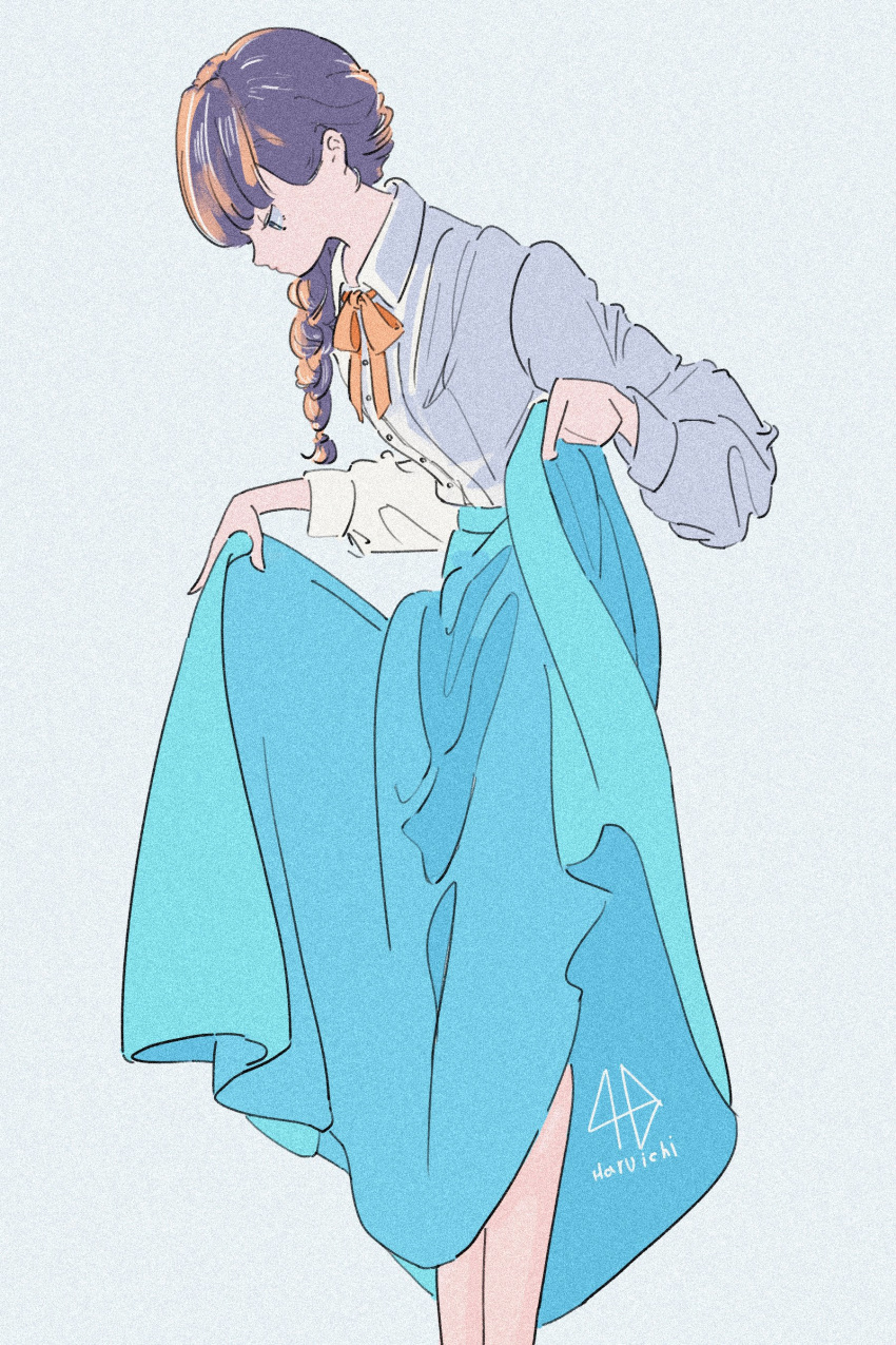 1girl, absurdres, aqua_skirt, artist_name, bangs, bow, braid, braided_ponytail