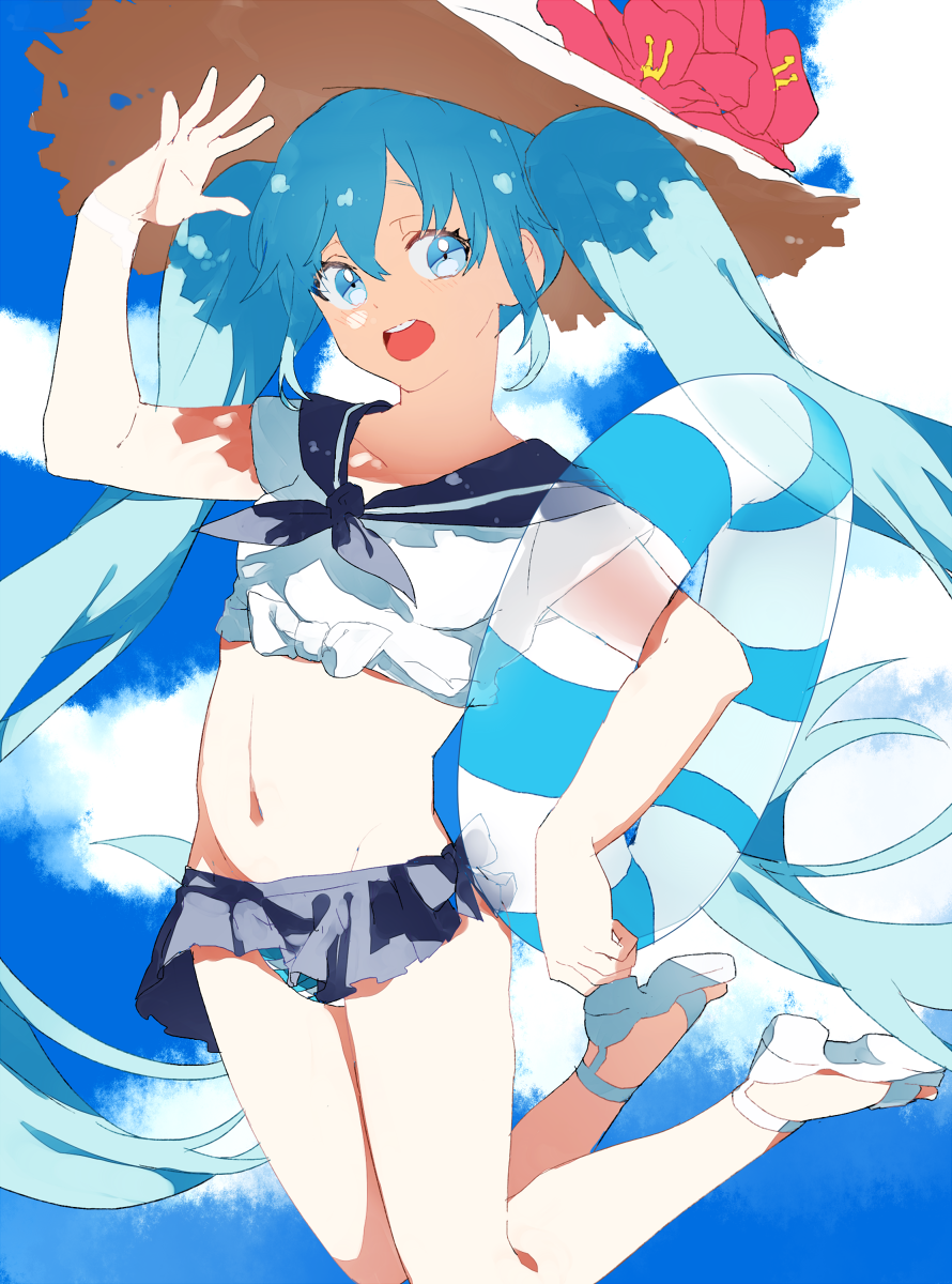 1girl, :d, alternate_costume, bare_shoulders, blue_eyes, blue_hair, blue_ribbon, blue_sky