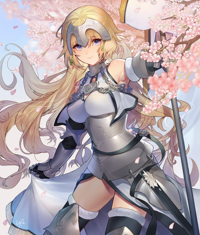 1girl, absurdres, armor, banner, blonde_hair, blue_eyes, blue_sky, breasts