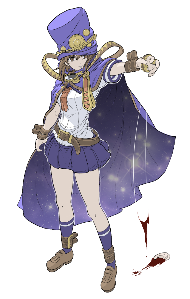 1girl, blood, boogiepop, boogiepop_(character), brown_eyes, brown_hair, capelet, cloak