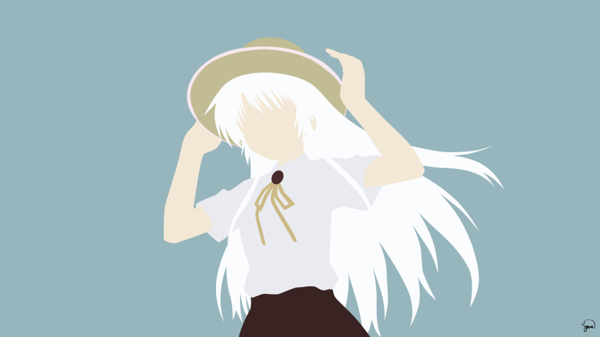 1girl, angel_beats!, artist_name, bangs, bare_arms, black_skirt, blue_background, commentary