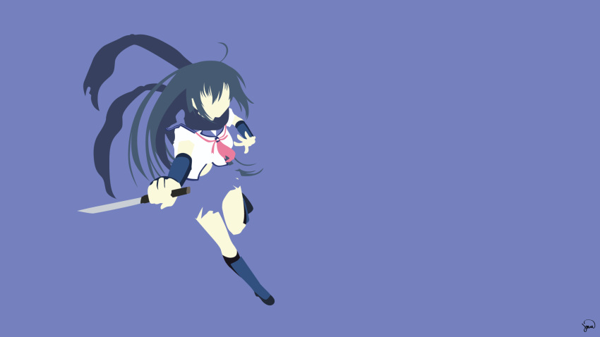 1girl, angel_beats!, armor, bangs, blue_background, blue_hair, blue_legwear, blue_scarf