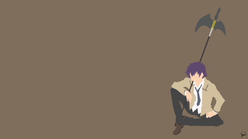 1boy, angel_beats!, arm_on_knee, artist_name, axe, bangs, black_legwear, brown_background