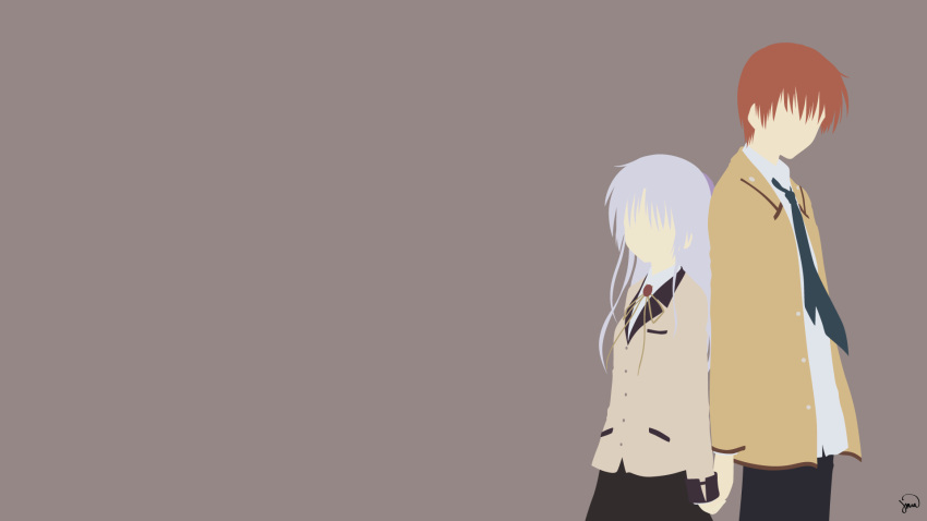 1boy, 1girl, angel_beats!, artist_name, back-to-back, bangs, black_legwear, black_pants