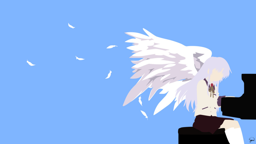 1girl, angel, angel_beats!, angel_wings, artist_name, bangs, black_skirt, blue_background
