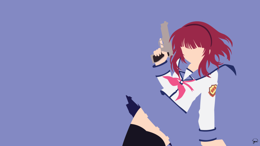 1girl, angel_beats!, bangs, black_legwear, blue_background, blue_skirt, commentary, english_commentary